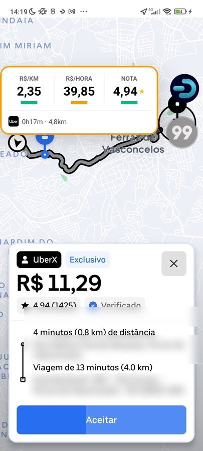 Card amarelo do Drivio sobre oferta UberX: R$2,35/km e R$39,85/hora — rentabilidade na média