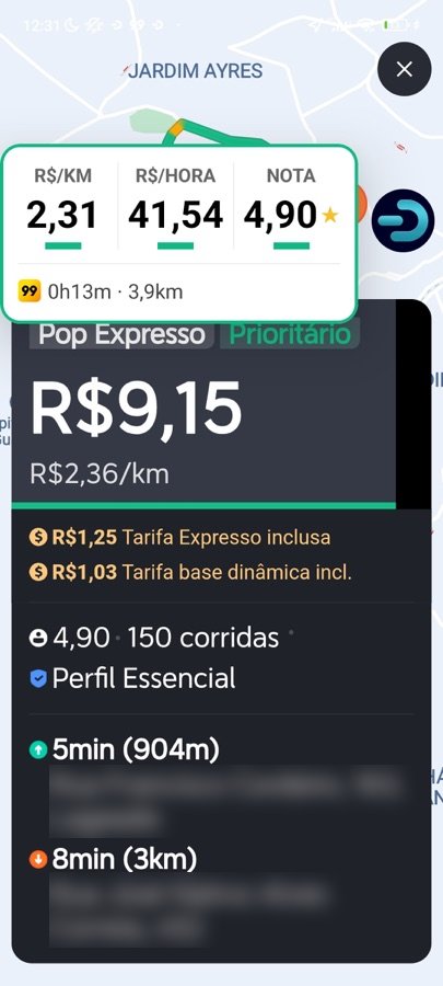 Card do Drivio Copiloto sobre uma oferta da 99: R$2,31/km, R$41,54/hora e nota 4,90 com indicadores verdes de corrida rentável