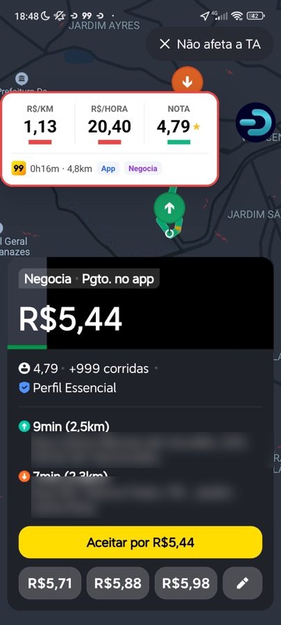 Card vermelho do Drivio sobre oferta do Negocia da 99: R$1,13/km e R$20,40/hora — corrida que não compensa