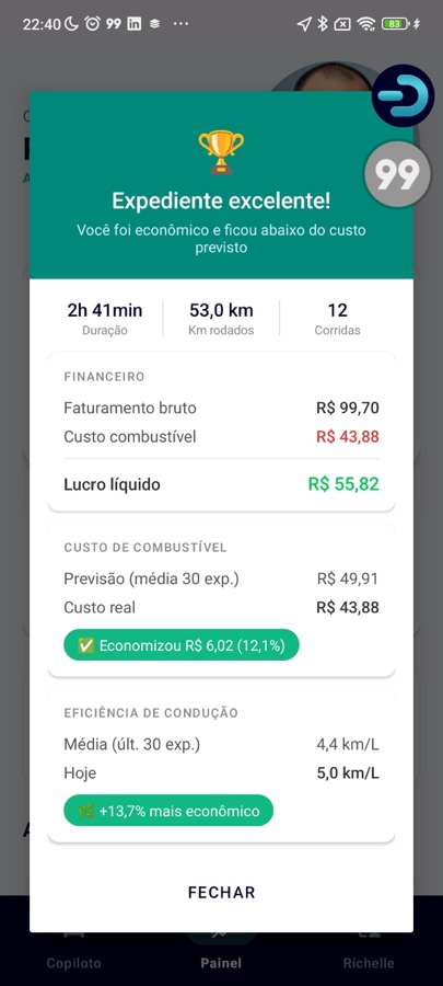 Resumo de fechamento de expediente do Drivio com faturamento, custo de combustível e lucro líquido