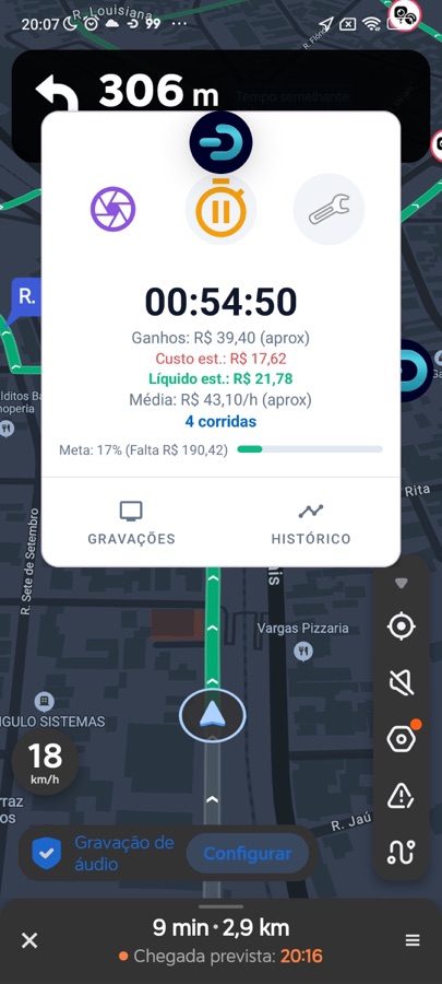 Painel flutuante do Drivio durante a navegação com ganhos, custo estimado, lucro líquido, média por hora e progresso da meta
