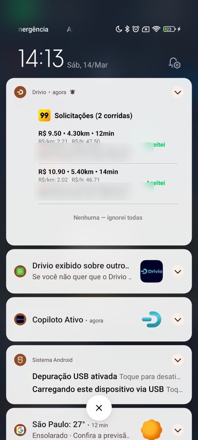 Notificação do Drivio na tela bloqueada com duas corridas analisadas mostrando R$/km e R$/hora de cada uma