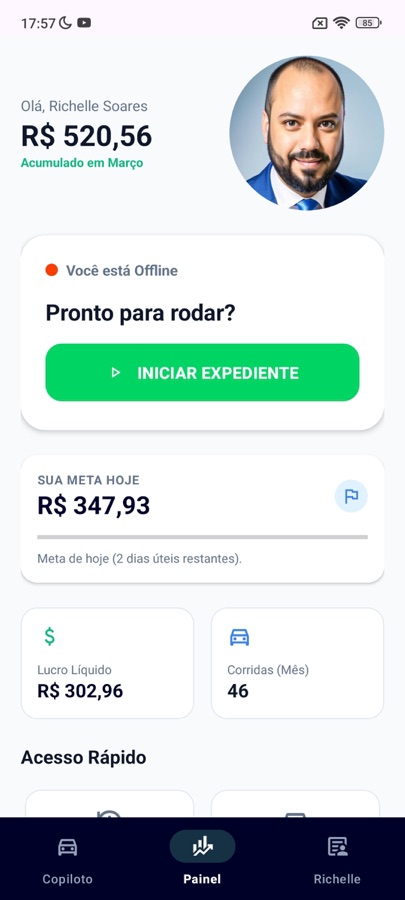 Painel financeiro do Drivio com acumulado do mês, meta do dia, lucro líquido e total de corridas